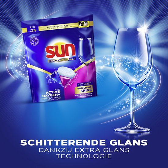Sun - Vaatwascapsules - Brilliant Shine - All-in 1 -met Active Oxygen+ - 4 x 34 Stuks - Voordeelverpakking