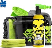Voodoo Ride Bucket + Grit, 750 ml Wash & Wax Car Shampoo + Inifnity Spray Quick Wax + 3 in 1 Wash Mitt + Polishing Cloth + Microfibre Drying Cloth 40x60 cm