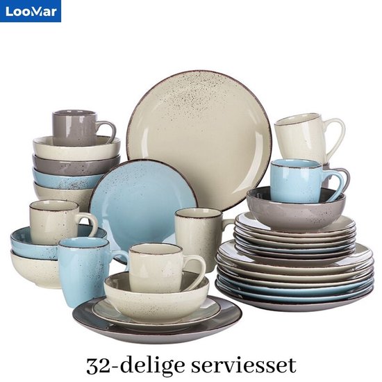 LooMar Luxe Dinner Set - 32 Pièces - 8 Personnes - Porcelaine - Service d' Assiettes 