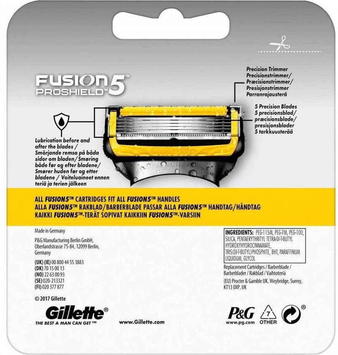 Gillette Fusion 5 ProShield verpakking met 3 mesjes in blauw en geel. Mesjes met gele beschermkap en zilveren bladen.