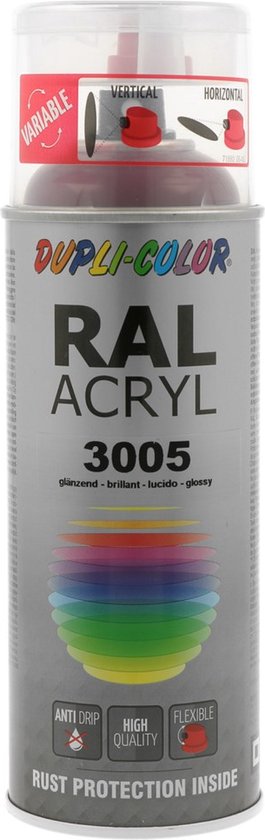 Spuitbus met rode dop, met "DUPLI-COLOR RAL ACRYL 3005" en een regenboogkleurige cirkel.
