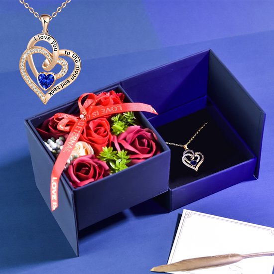 Eeuwige Romantische Bloem Rose Cadeau Box Inclusief Crystal I Love You Hart Ketting Kunstmatige Bloem Sieraden Opbergdoos Voor Geliefde Bruiloft Moederdag Valentijn Blauw
