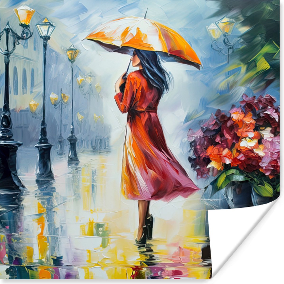 Poster Olieverf - Paraplu - Vrouw - Straat - Kunst - 75x75 cm
