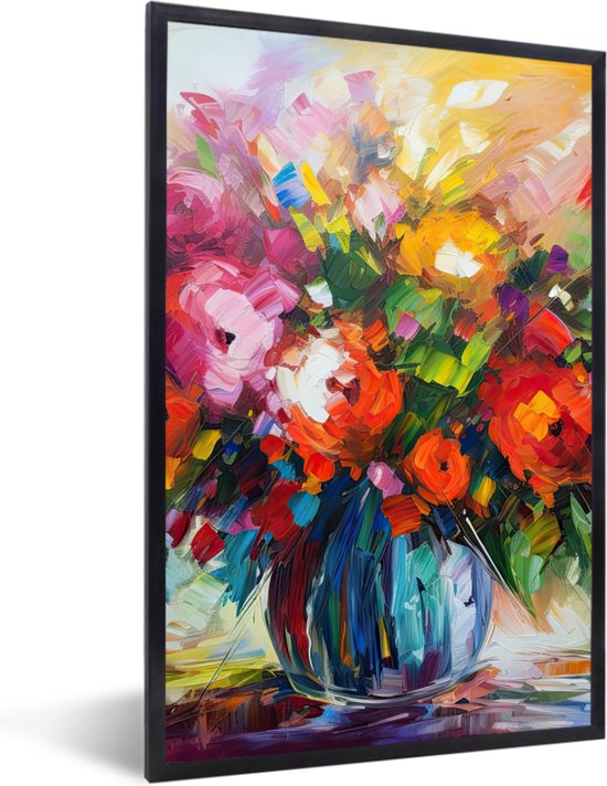 Abstract olieverfschilderij van een boeket bloemen in een blauwe vaas, met zwarte lijst.