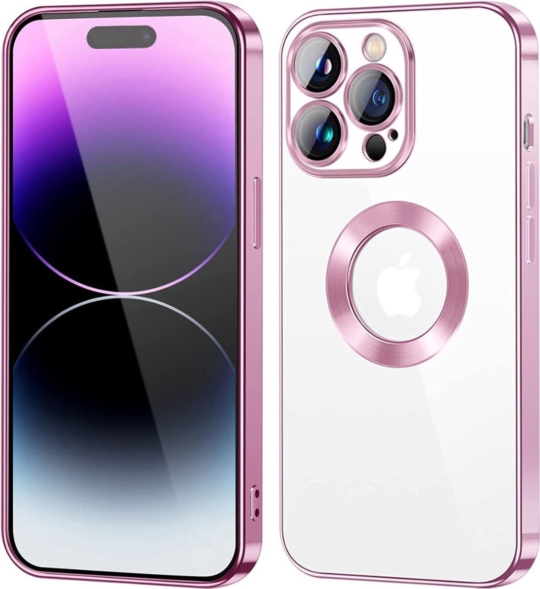 Apple iPhone 13 Pro Magnetisch Hoesje Met Lensbeschermer - Magsafe - Magneet Case Met Ring en camera cover transparant met gekleurde rand - roze
