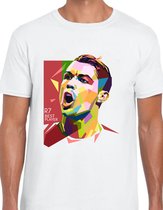 Cristiano Ronaldo Uniseks T-Shirt - wit - Maat S - Korte mouwen - Ronde hals - Normale pasvorm - CR7 - Voetbal - Voor mannen & vrouwen - Kado - Veldman prints & packaging