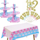 25-delige genderreveal cupcake en taart set met toppers, tafelkleden en etagère - genderreveal - babyshower - geboorte - zwanger - cupcake - boy or girl - he or she