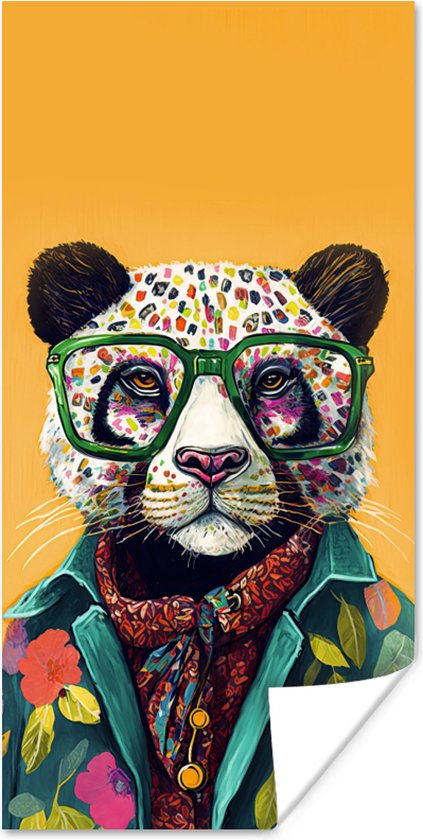 Poster Panda - Lunettes - Fleurs - Hippie - 80x160 cm - Cadeau fille 7 ans