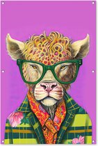Affiche jardin - Toile jardin - Posters de jardin extérieur - Lunettes - Animal - Highlander écossais - Fleurs - Hippie - 80x120 cm - Jardin