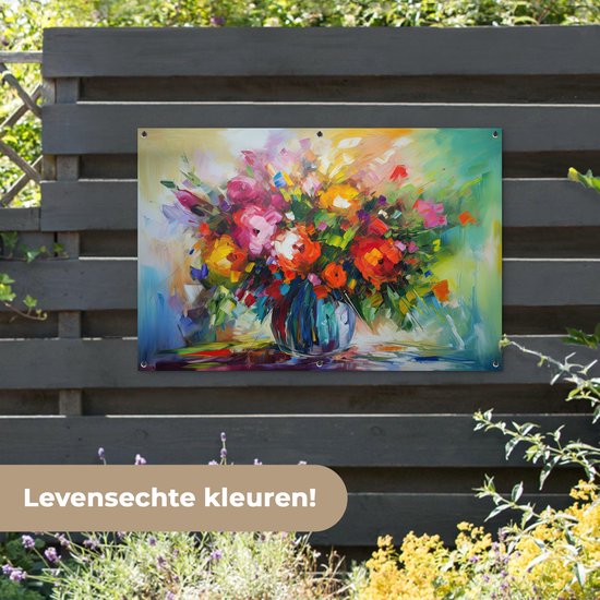 Affiche de jardin Fleurs - Coloré - Pot de fleurs - Peinture à l'huile - 130x80 cm - Décoration murale Extérieur - Affiche de jardin - Toile de jardin - Affiche de clôture - Tableau de jardin