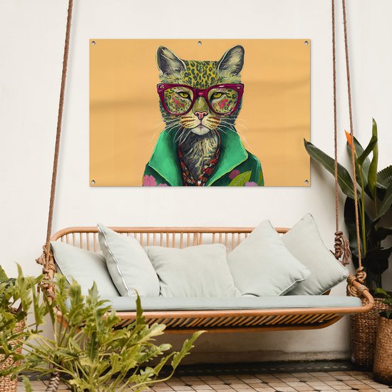 Affiche jardin - Toile jardin - Posters de jardin extérieur - Animaux - Chat - Lunettes - Fleurs - Hippie - 120x80 cm - Jardin