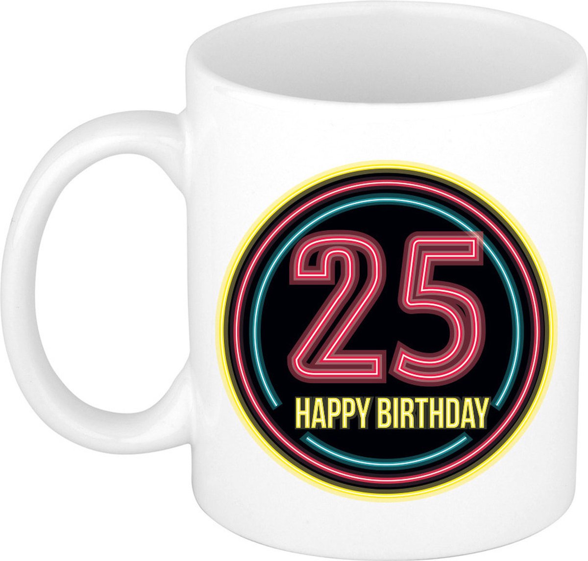 Bellatio Decorations Verjaardag mok / beker - happy birthday 25 jaar - neon - 300 ml