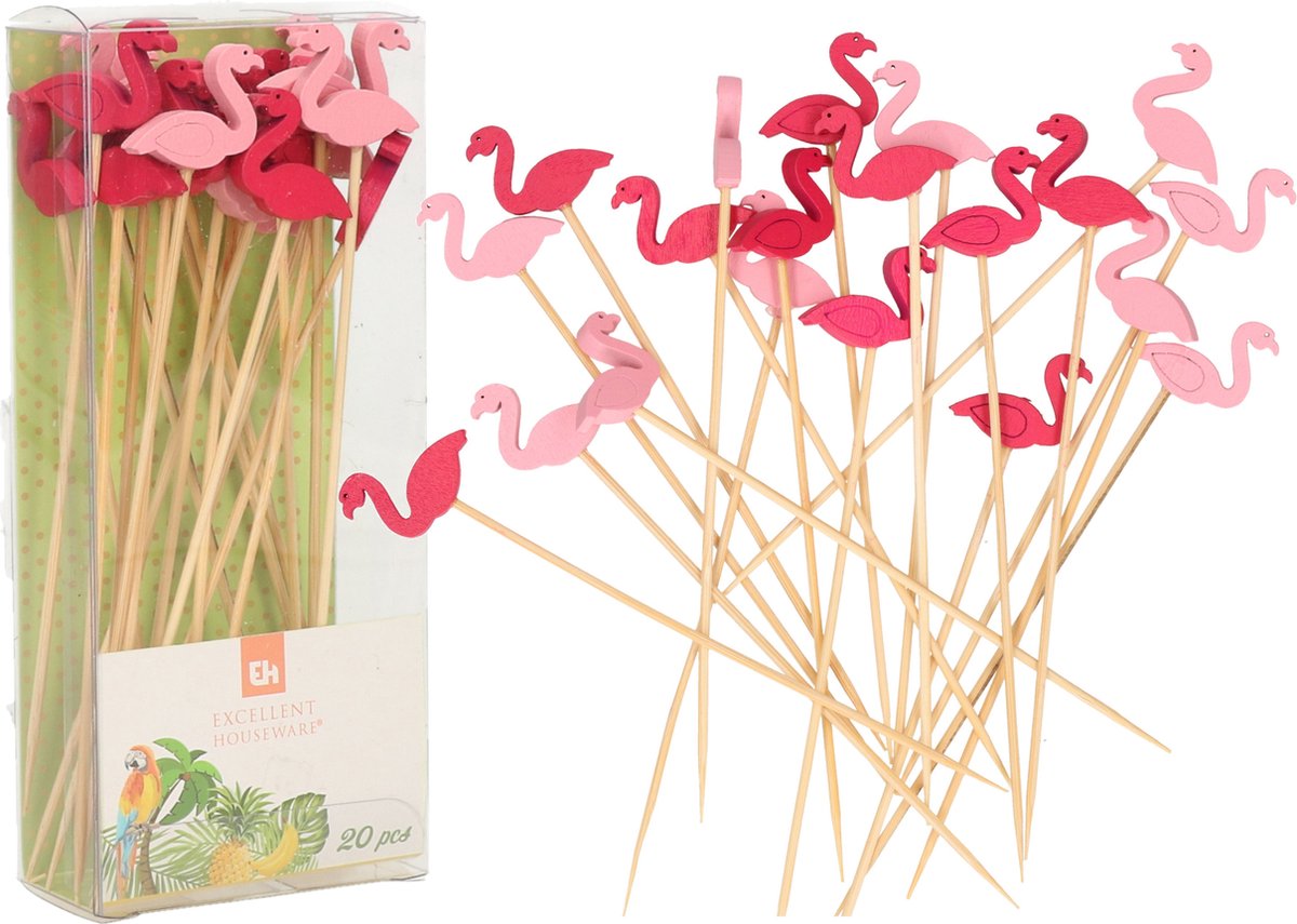Excellent Houseware Cocktail/tapas prikkers - flamingos - 60x stuks - bamboo - 12 cm