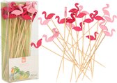Excellent Houseware Cocktail/tapas prikkers - flamingos - 60x stuks - bamboo - 12 cm