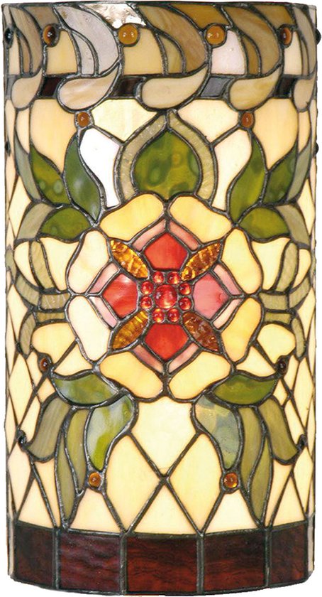 HAES DECO - Wandlamp Tiffany 20x11x36 cm Groen Rood Glas Halfrond Roos Muurlamp Sfeerlamp Glas in Lood