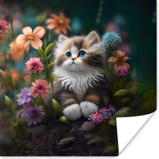 Poster Chaton - Illustration - Fleurs - Nature - Chat - 30x30 cm - Cadeau  fille 7 ans