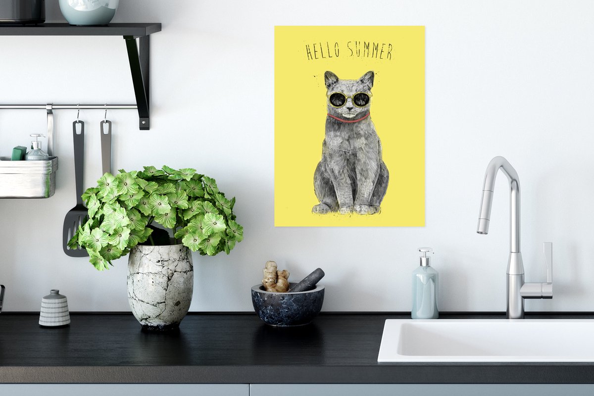 Poster Hello summer - Kat - Bril - Geel - 30x40 cm