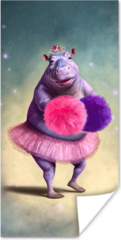 Poster - Nijlpaard - Bloemen - Rok - Ballet - Portret - Muurposter - 60x120 cm - Wanddecoratie