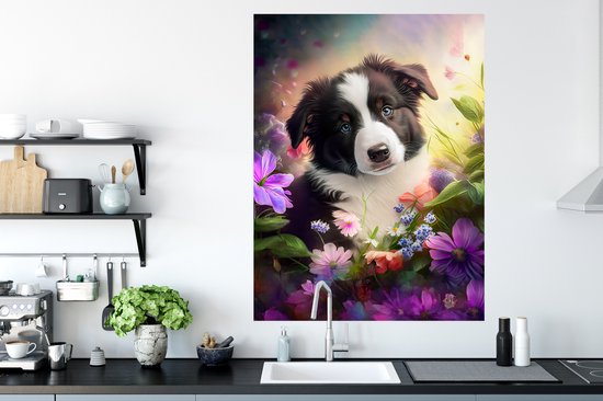 Poster Puppy - Soleil - Fleurs - Nature - Border Collie - Chien - 90x120 cm - Cadeau fille 7 ans