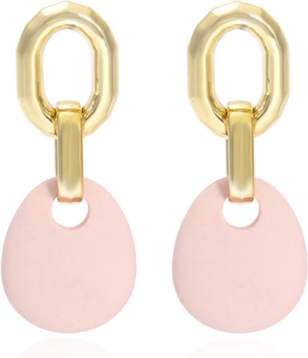 Oorbellen Hanger met Roze steen en Goudkleurige Metaallegering