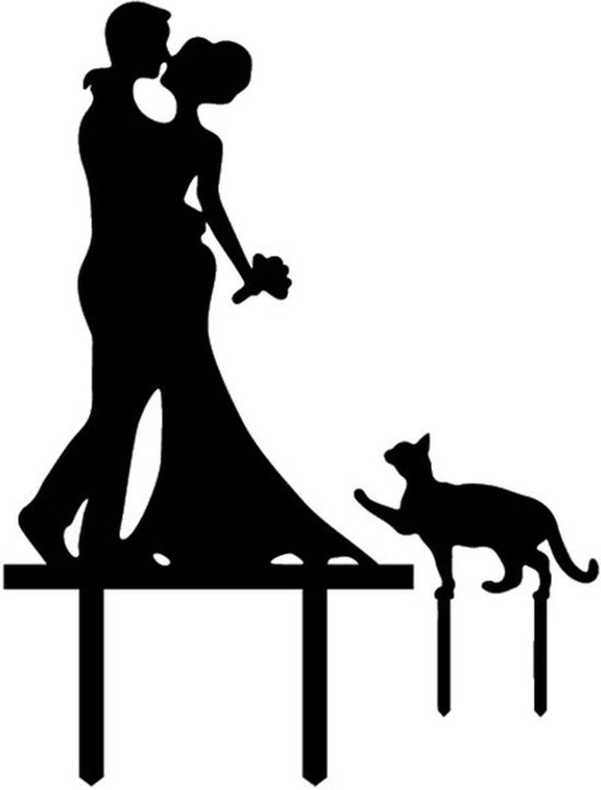 Bruidstaart topping bruidspaar met kat zwart acryl - kat - poes - taart -topper - taarttopper - huisdier
