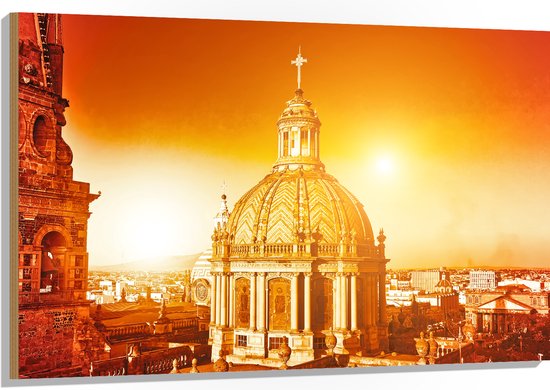 Hout - Top van St-Pietersbasiliek Kerk in Vaticaanstad onder Felle Zon - 120x80 cm - 9 mm dik - Foto op Hout (Met Ophangsysteem)