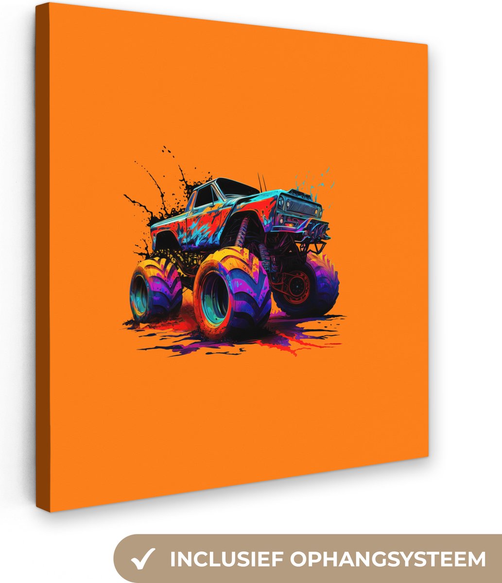 Canvas Schilderij Monstertruck - Neon - Verf - Oranje - 90x90 cm - Wanddecoratie