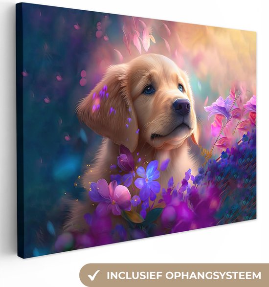 Canvas Schilderij Hond - Puppy - Zon - Bloemen - Golden retriever - 80x60 cm - Wanddecoratie