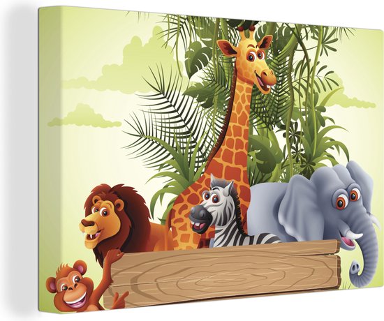 Canvas Schilderij Jungle dieren - Natuur - Planken - Kinderen - Giraffe - 120x80 cm - Wanddecoratie