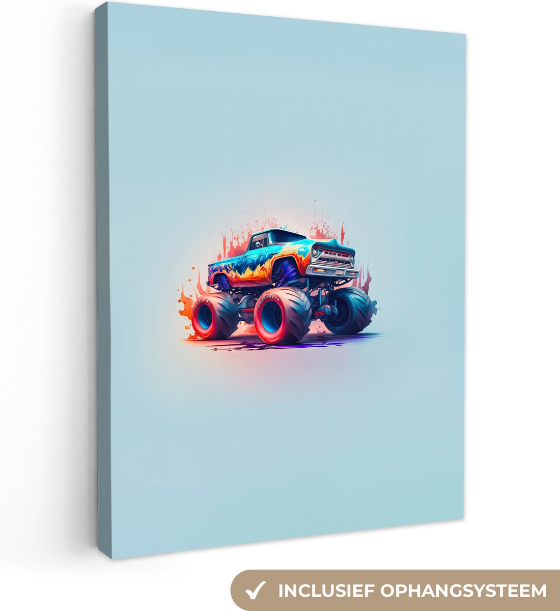 Canvas Schilderij Monstertruck - Vlammen - Blauw - Verf - Design - 90x120 cm - Wanddecorat