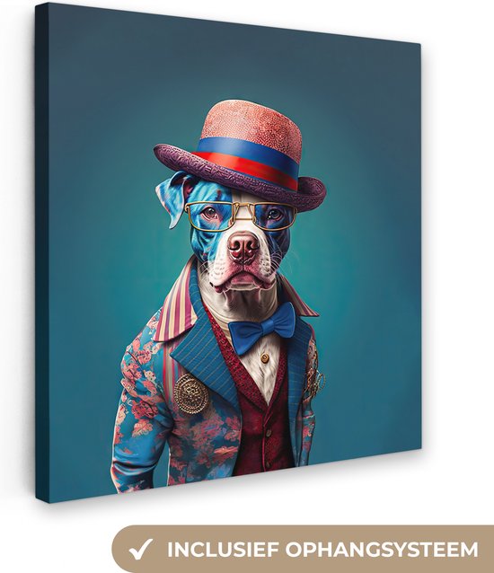 Foto: Canvas schilderij hond hoed colbert bloemen blauw 20x20 cm wanddecoratie