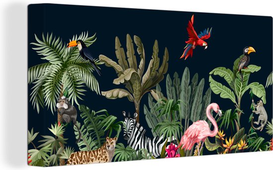 Canvas Schilderij Jungle - Planten - Dieren - Kinderen - Flamingo - Zebra - 80x40 cm - Wanddecoratie