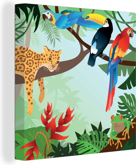 Tableau sur toile Animaux de la jungle - Toucan - Garçons - Meiden - Léopard - 50x50 cm - Décoration murale