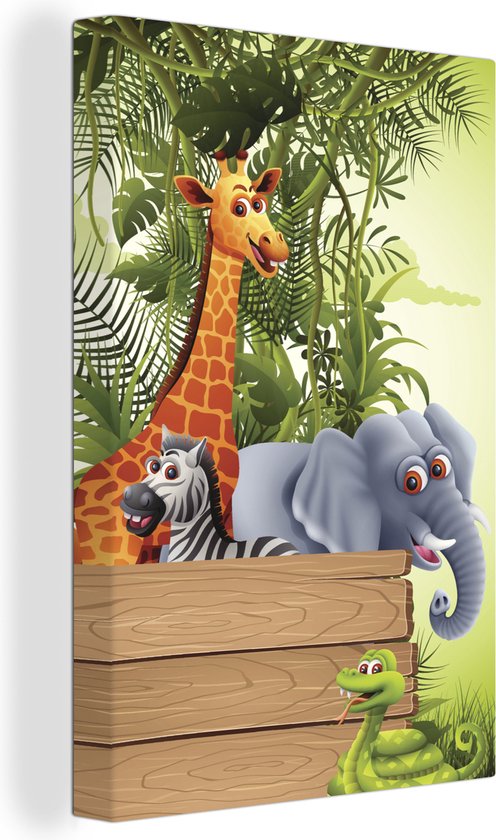 Canvas Schilderij Jungle dieren - Natuur - Planken - Kinderen - Giraffe - 80x120 cm - Wanddecoratie