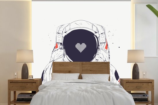 Behang - Fotobehang Astronaut - Hartje - Ruimte - Liefde - Breedte 280 cm x hoogte 280 cm - Behangpapier