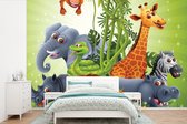 Behang babykamer - Fotobehang Jungle dieren - Planten - Kinderen - Olifant - Giraf - Leeuw - Breedte 420 cm x hoogte 280 cm