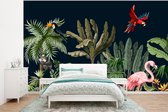 Behang - Fotobehang Jungle - Planten - Dieren - Kinderen - Flamingo - Zebra - Breedte 375 cm x hoogte 280 cm