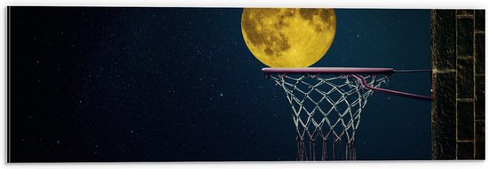 Dibond - Maan met Gele Gloed in Basketbal Net - 60x20 cm Foto op Aluminium (Met Ophangsysteem)