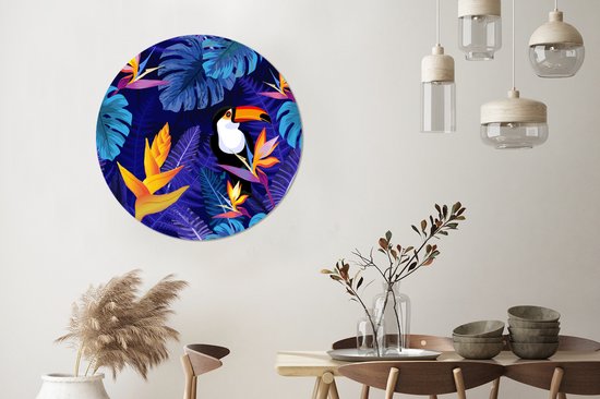 WallCircle - Stickers muraux muraux - Cercle de papier peint - Jungle - Toucan - Fleurs - Plantes - Enfants - Violet - Animaux - 100x100 cm - Cercle mural - Autocollant - Papier peint autocollant rond XXL