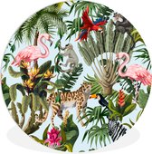 WallCircle - Wandcirkel 120x120 - Jungle - Dieren - Meisjes - Kinderen - Jongens - Flamingo - Papegaai - Ronde schilderijen woonkamer - Wandbord rond - Muurdecoratie cirkel - Kamer decoratie binnen - Wanddecoratie muurcirkel - Woonaccessoires XXL