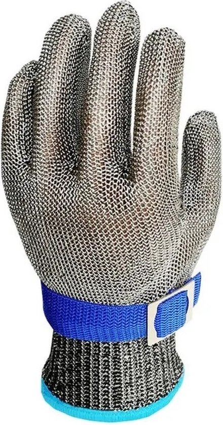 Metalen handschoen met blauwe polsband met gesp.