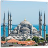 Tuinposter – Sultan Ahmet Moskee aan de Zee van Turkije - 100x100 cm Foto op Tuinposter (wanddecoratie voor buiten en binnen)