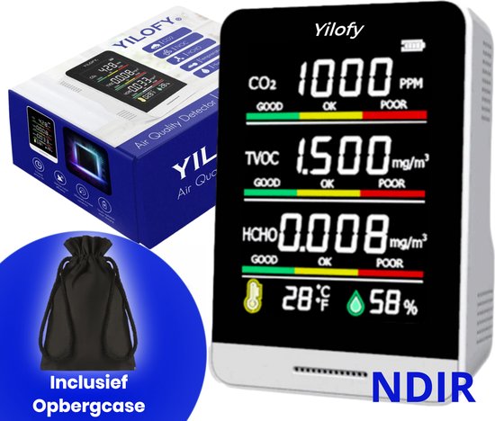 Foto: Yilofy ndir bundelset 2 stuks 5 in 1 luchtkwaliteitsmeter inclusief opbergzak draagcase ebook met alarm co2 meter scholen horeca hygrometer co2 oplaadbaar usb kabel
