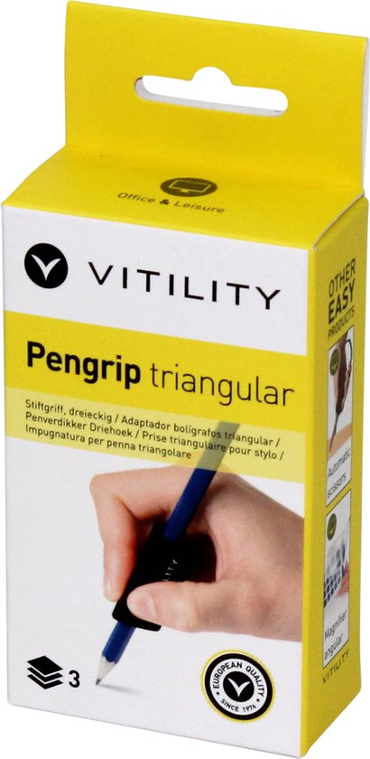 Verpakking van 'VITILITY Pengrip triangular' met schets van hand.