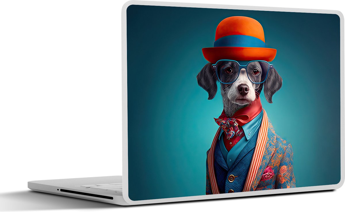 Laptop sticker - 15.6 inch - Hond - Colbert - Bloemen - Portret - Blauw - 36x27,5cm - Laptopstickers - Laptop skin - Cover