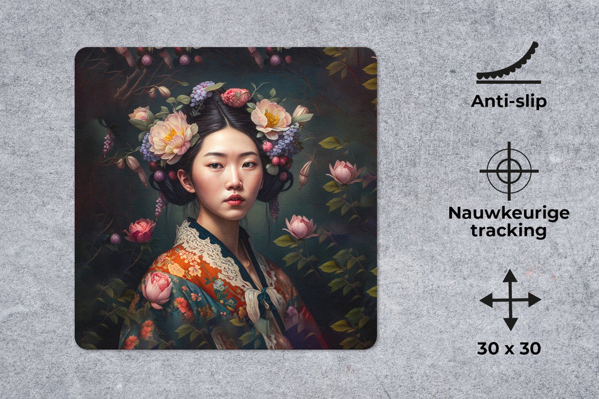 Muismat 30x30 cm - Mousepad Vrouw - Bloemen - Kimono - Portret - Asian - Muismatten