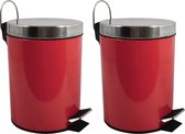 MSV Prullenbak/pedaalemmer - 2x - metaal - rood - 5 liter - 20 x 28 cm - Badkamer/toilet