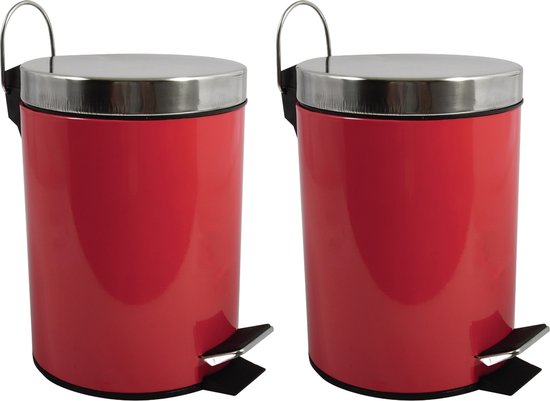 MSV Prullenbak/pedaalemmer - 2x - metaal - rood - 5 liter - 20 x 28 cm - Badkamer/toilet