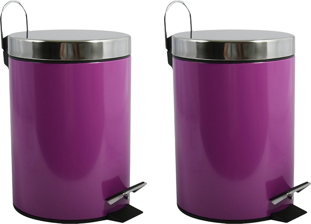 Goedkoopste MSV Prullenbak/pedaalemmer - 2x - metaal - paars - 3 liter - 17 x 25 cm - Badkamer/toilet