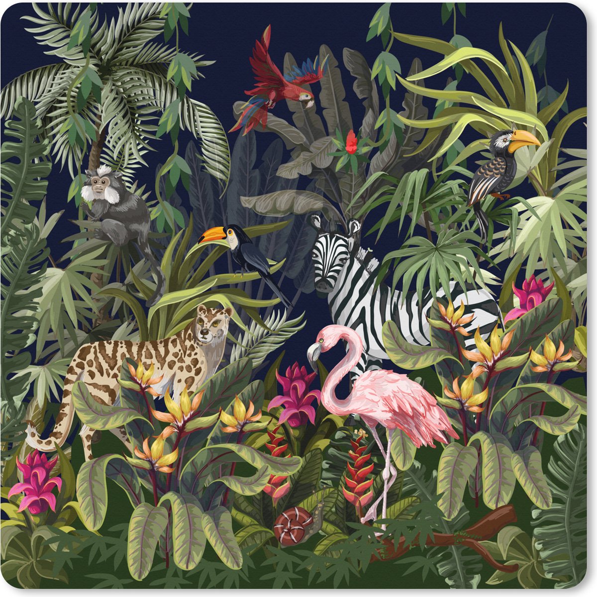 Muismat XXL 80x80 cm - Bureau onderlegger - Bureau mat Jungle dieren - Natuur - Jongens - Meisjes - Flamingo - Zebra - Bureaumat - Gaming mousepad xl - Bureaulegger groot - Computer deskmat